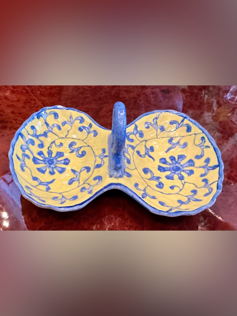 Vintage Asian-Style Ceramic Yellow and Blue Double Dish with Handle